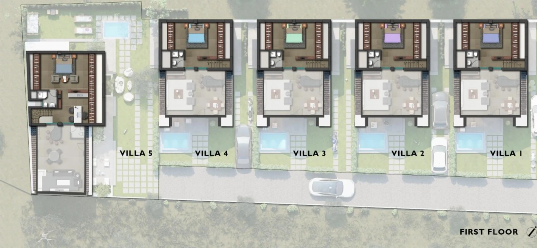 First floor plan of a Cape Poseidon villa: principal bedroom with en-suite bathroom, open landing and terrace above the pool