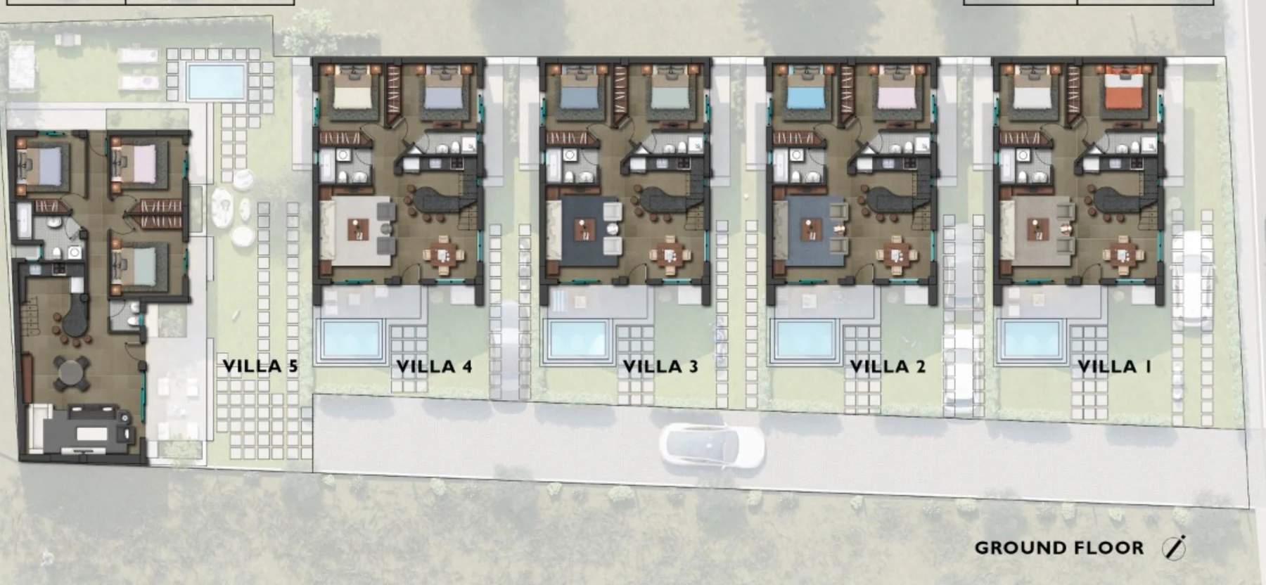 Ground floor plan of a Cape Poseidon villa: open kitchen, dining and living room, two bedrooms, one bathroom